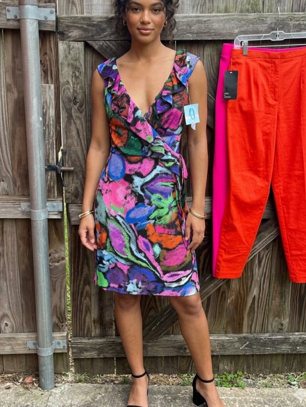 👗Suzi Chin Vibrant Multi-Color Wrap Dress with Ruffle Trim